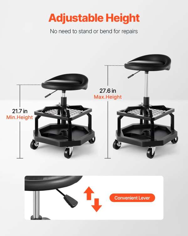 Rolling Shop Stool Adjustable Height Garage Seat 300 lbs Load with Caster