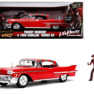 1958 Cadillac Series 62 Red with Freddy Krueger Diecast Figurine "A Nightmare on Elm Street" Movie 1/24 Diecast Model Car by Jada