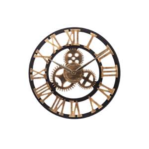 Large Industrial Gear Wall Clock Silent Non-ticking Wood Quartz Clock with Roman Numerals 58cm Gold