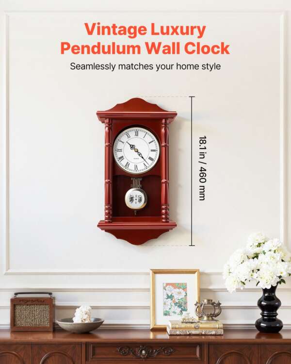 Grandfather Clock, 18 in Classic Vintage Pendulum Clock, Pine Wood & MDF Wall Clocks with Quartz Movement and Quiet Design, for Living Room, Bedroom, Home Decor, and Gift (Cherry Tone Finish)