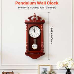Grandfather Clock, 23.2 in Classic Vintage Pendulum Clock, Pine Wood & MDF Wall Clocks with Quartz Movement and Quiet Design, for Living Room, Bedroom, Home Decor & Gift (Cherry Tone Finish)