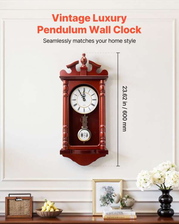 Grandfather Clock, 23.2 in Classic Vintage Pendulum Clock, Pine Wood & MDF Wall Clocks with Quartz Movement and Quiet Design, for Living Room, Bedroom, Home Decor & Gift (Cherry Tone Finish)