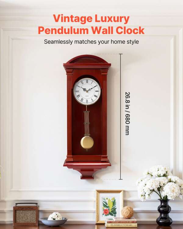 Grandfather Clock, 26.7 in Classic Vintage Pendulum Clock, Pine Wood & MDF Wall Clocks with Quartz Movement and Quiet Design, for Living Room, Bedroom, Home Decor & Gift (Cherry Tone Finish)