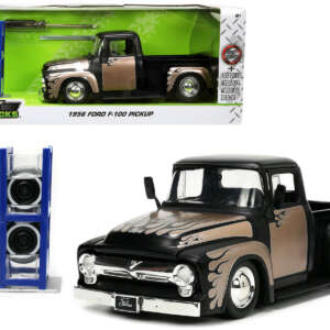 1956 Ford F-100 Pickup Truck Matt Black and Champagne with Flames with Extra Wheels "Just Trucks" Series 1/24 Diecast Model Car by Jada