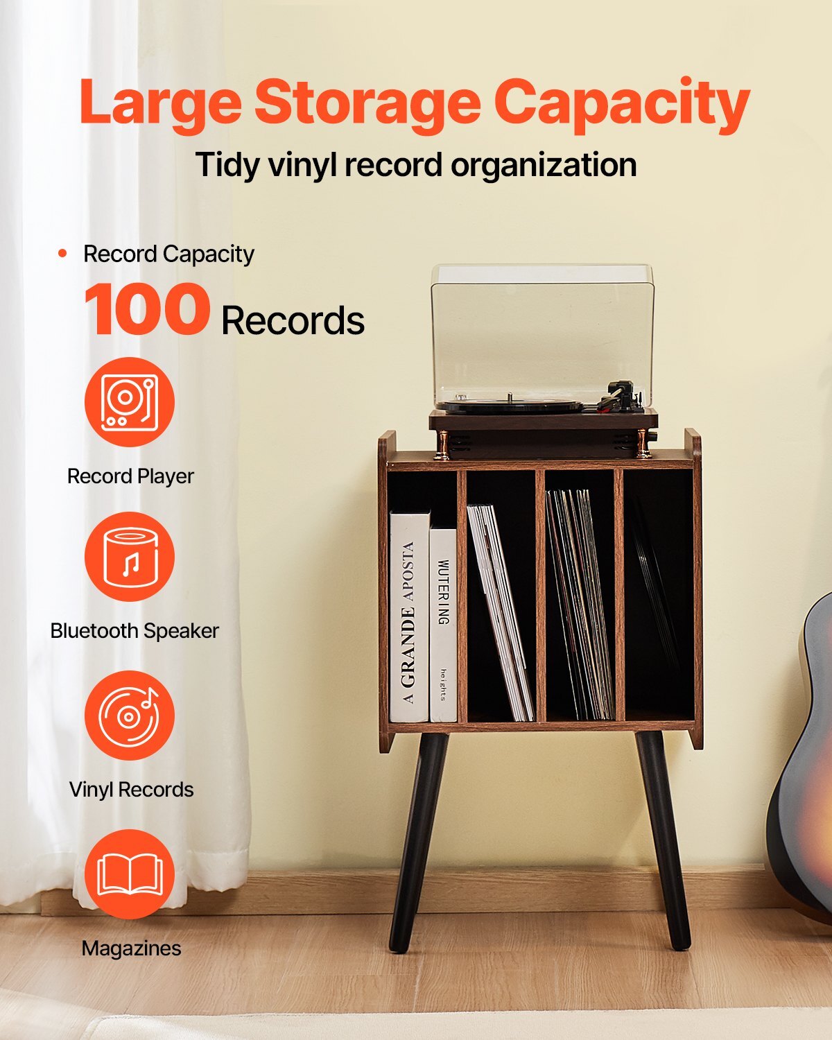 Record Player Stand, 2 Tiers Turntable Stand with 4 Cabinets, Holds up to 100 Albums, Wooden Vinyl Record Storage Cabinet with Display Shelf for Bedroom, Living Room, Brown - Image 2