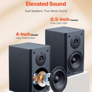 Powered Bookshelf Speakers, 20W x 2, Active Studio Monitor Speaker with 4 Inch Woofer, Adjustable Volume and Audio with Bluetooth Optical Connection, Wooden Enclosure, for Record Player PC TV