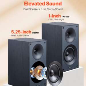 Powered Bookshelf Speakers, 25W x 2, Active Studio Monitor Speaker with 5.25 Inch Woofer, Bluetooth/RCA/Coaxial/Optical/USB/Subwoofer Connection, Wooden Enclosure, for Record Player Turntable PC