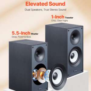 Powered Bookshelf Speakers, 25W x 2, Active Studio Monitor Speaker with 5.5 Inch Woofer, Bluetooth/RCA/Coaxial/Optical/USB/Subwoofer Connection, Wooden Enclosure, for Record Player Turntable PC