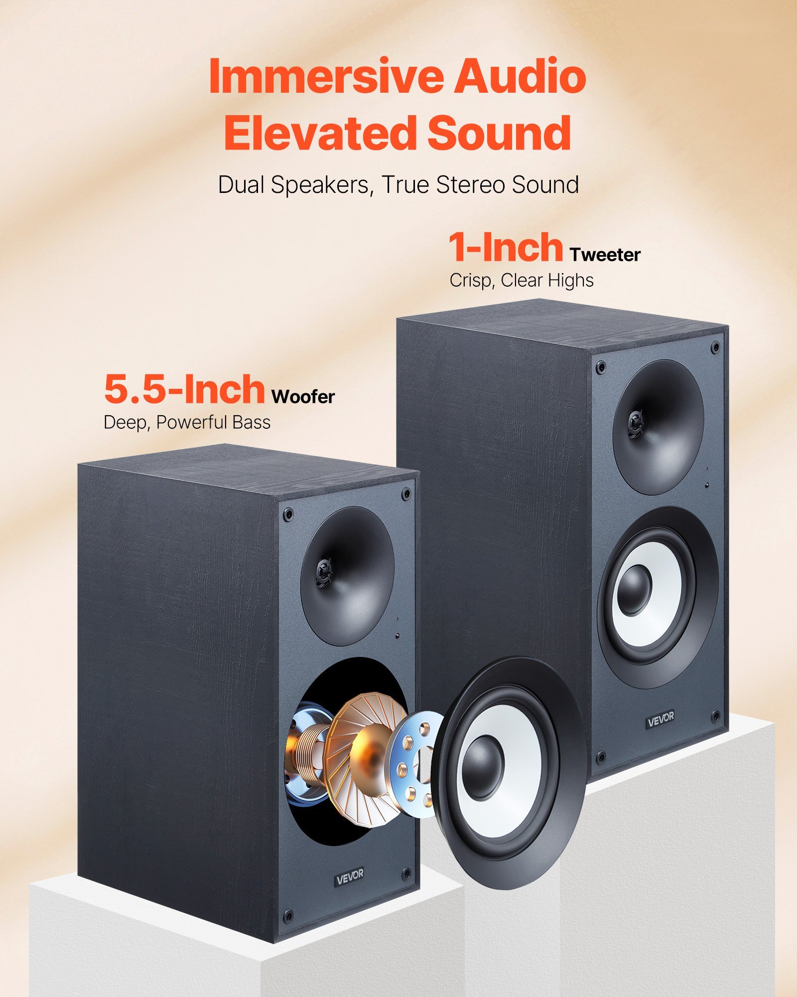 Powered Bookshelf Speakers, 25W x 2, Active Studio Monitor Speaker with 5.5 Inch Woofer, Bluetooth/RCA/Coaxial/Optical/USB/Subwoofer Connection, Wooden Enclosure, for Record Player Turntable PC